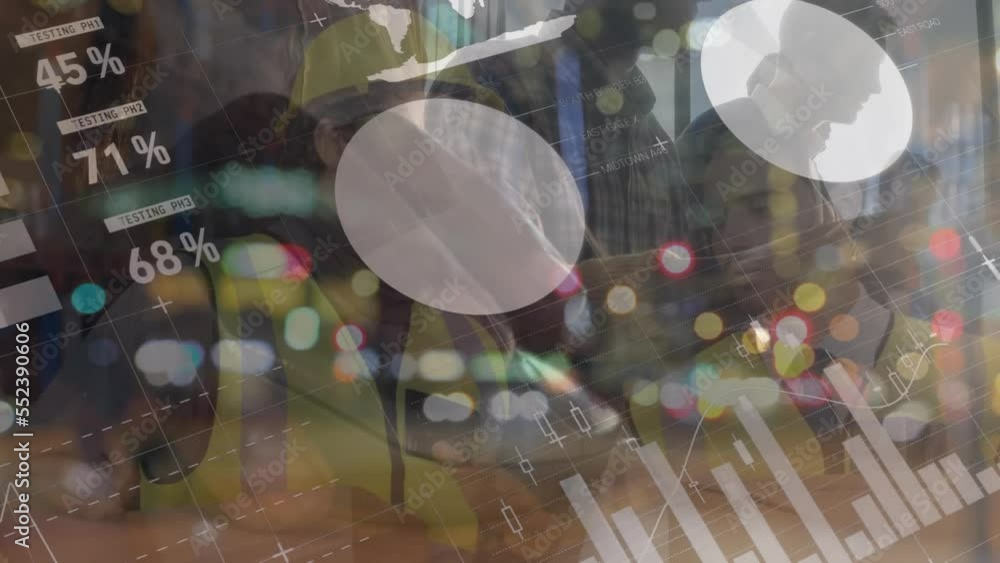 Poster animation statistics and financial data processing over workmen using tablet