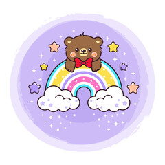 Cute baby bear cartoon illustration on rainbow