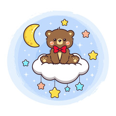 Cute baby bear cartoon illustration sitting on cloud