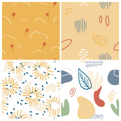 Abstract pattern set with organic shapes, plants, nature texture. Organic spots background. Collage seamless pattern with nature texture. Trendy vector background collection for cover, social media.