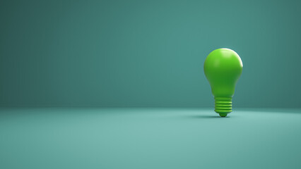 Green Lightbulb on a cyan background. Horizontal composition with negative space on the left. Concept of Creativity and innovation. Green earth.