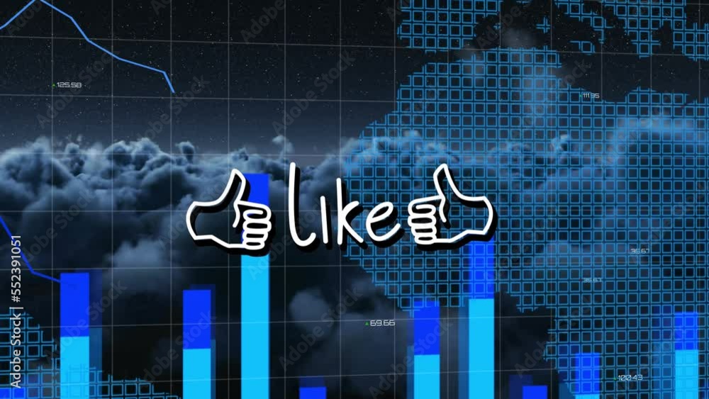 Poster this video features a blue statistic line, graph and world map over a white grid on a black backgrou
