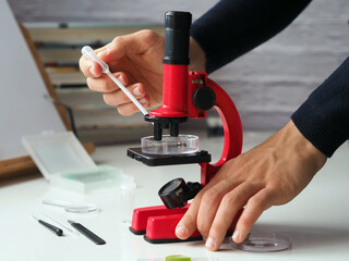 A teenager working with a Petri dish and a microscope