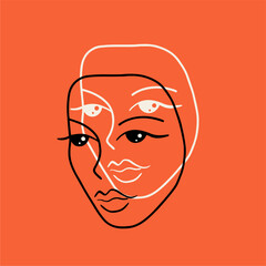 Linear drawing of a female face, twins. Split face, psychedelic style, hand drawn cartoon, bright postcard.