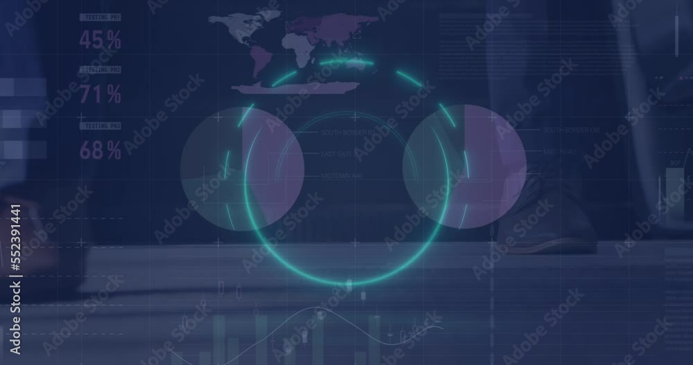 Aufkleber animation of neon banner over statistical data processing against low section of people on escalator