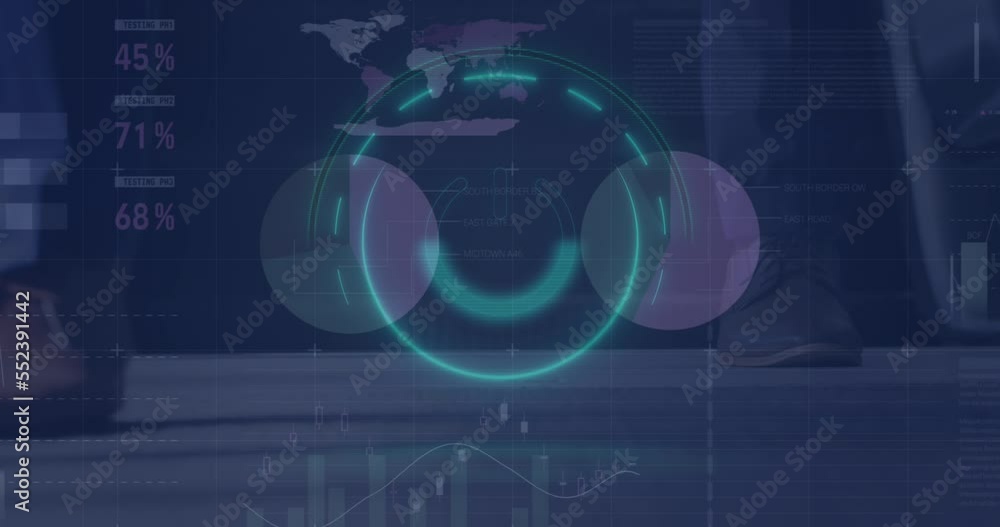 Aufkleber the animation shows financial data and graphs being processed and analyzed by a group of businesspeo