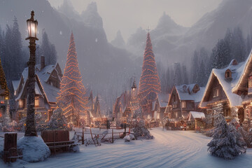 Fototapeta premium Digital painting of a Nordic village decorated with lights built inside a snowy mountain - AI Generated