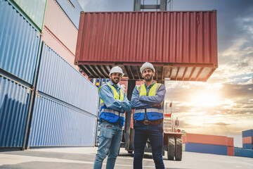 Two Engineer or foreman wears PPE checking container storage with cargo container background at...