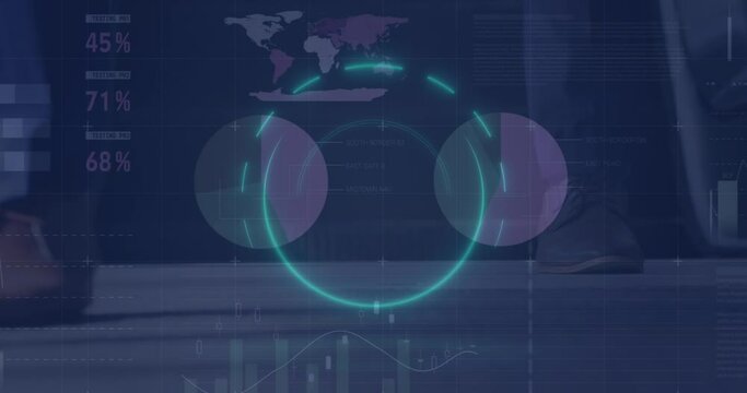 Animation of neon banner over statistical data processing against low section of people on escalator