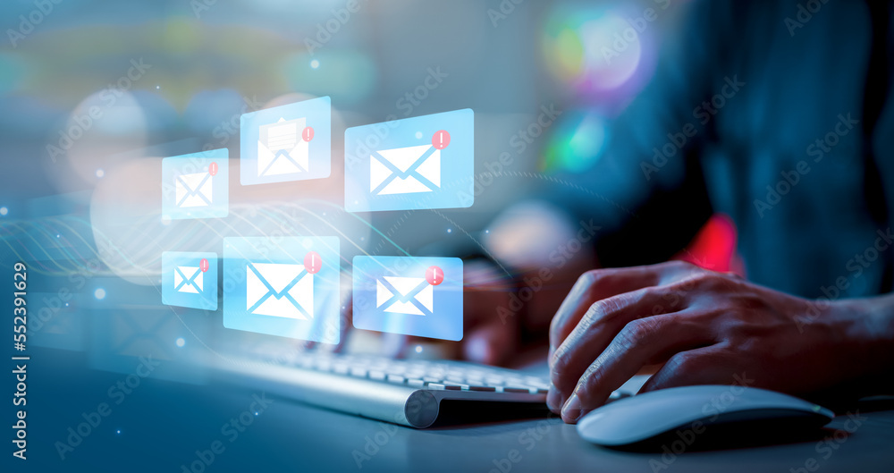 Poster email marketing concept, company sending many e-mails or digital newsletter to customers. mail commu