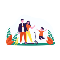 Young mom, dad and happy kid with scooter. Flat vector illustration. Parents giving their son scooter, walking together in nature. Family, transport, entertainment, gift concept