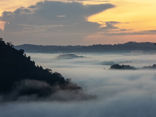 Aerial view of sunrise over Danum valley rainforest in Lahad datu Sabah Malaysia
