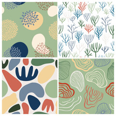 Abstract pattern set with organic shapes, leaves, nature texture. Organic spots background. Collage seamless pattern with nature texture. Trendy vector background collection for cover, social media.
