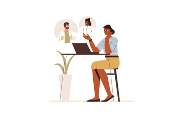 Video chatting concept in flat design. Young girl is talking with friends in video conference. Woman is watching webinar using laptop. Illustration with isolated people scene for web banner