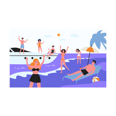 Group of young people enjoying party at seaside. Cartoon vector illustration. Men and women in swimsuits chilling on yacht and summer beach. Sea resort, vacation, summer concept