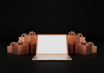Rose gold laptop computer with bright screen and presents with ribbons. Blue background. Copy space. Online Christmas shopping. Black Friday / Cyber Monday. 