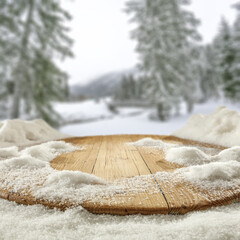 Desk of free space and winter landscape of mountains