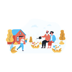 Grandparents sitting on bench and watering flowers in backyard. Girl bringing potted plant to elderly couple flat vector illustration. Gardening concept for banner, website design