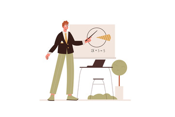 School teacher concept in flat design. Man teaching while stands by blackboard, pointing at geometric shape, explaining lesson in class. Illustration with isolated people scene for web banner