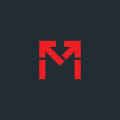 Letter M and arrow sign. Vector symbol.
