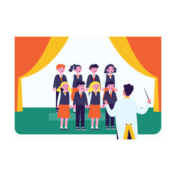 Childrens choir with conductor on stage flat vector illustration. Pupils singing at school concert. Musicians, performance concept for banner, website design or landing web page