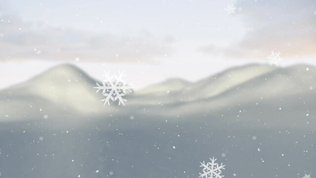 Animation of snow falling over christmas winter scenery background