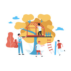 Father and kids building treehouse together. Man holding hammer and nail, son carrying wooden plank flat vector illustration. Family, outdoor activity concept for banner