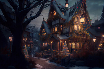 Beautiful big house with lights in windows in the evening, AI generated image