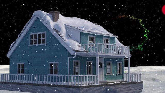 Animation of snow falling over christmas house in winter scenery