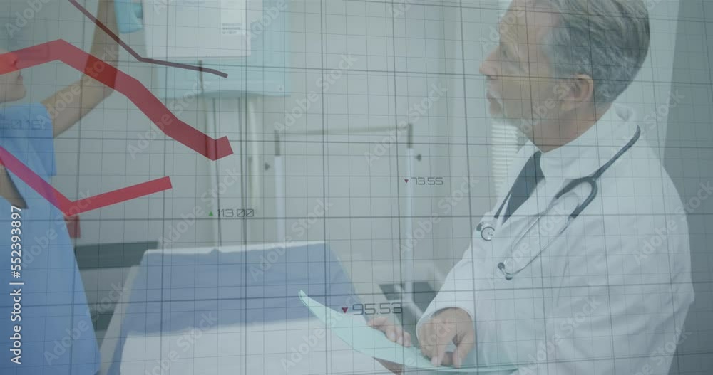Poster animation of red lines with data processing over doctors in hospital