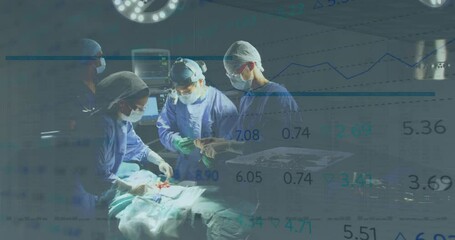 Animation of stock market data processing over team of surgeons performing surgery at hospital - Powered by Adobe