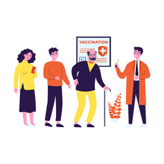 People waiting in line for vaccinations. Doctor holding syringe with vaccine against covid flat vector illustration. Hospital, coronavirus concept for banner, website design