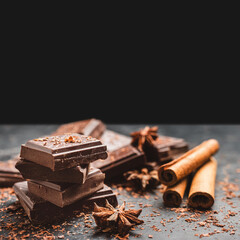 Dark chocolate bar pieces on dark background with copy-space, grated chocolate and spices, pile chunks of broken chocolate