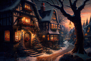 Fototapeta na wymiar Beautiful european houses decorated for Christmas, lights, sunset sky, winter landscape, AI generated image