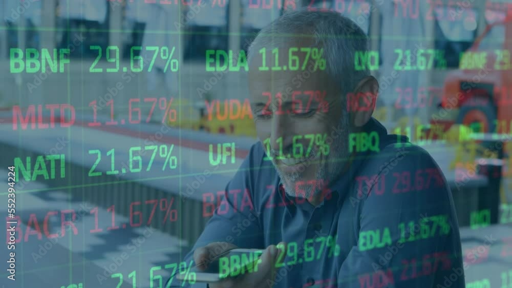 Poster animation of financial data processing over caucasian businessman using smartphone