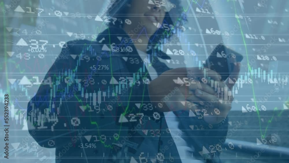 Poster animation of financial data processing over biracial man using smartphone