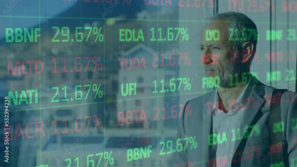 Poster animation of financial data processing over caucasian businessman using smartphone