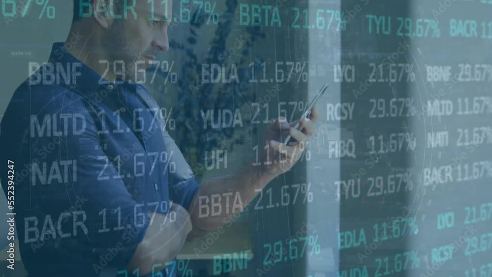 Poster animation of financial data processing over caucasian businessman using smartphone