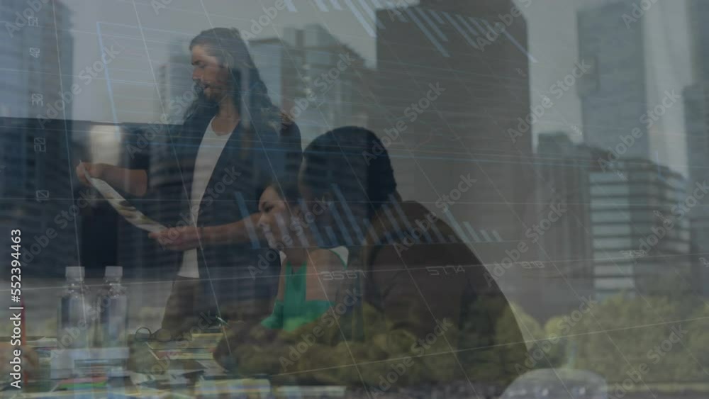 Poster animation of data processing over diverse colleagues discussing at office against tall buildings