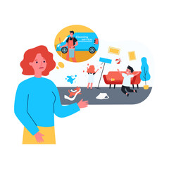 Children making mess and mother thinking of hiring cleaner. Son playing with ball, daughter marking wallpaper flat vector illustration. Childhood, cleaning service concept