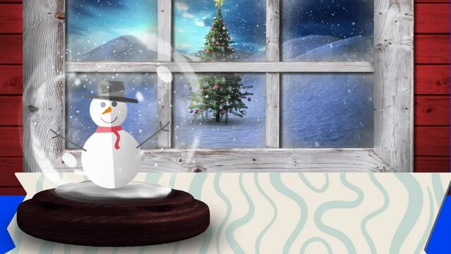 Animation of snowman in a snow globe over window frame against christmas tree on winter landscape