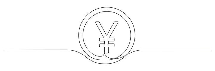 Yen coin continuous one line drawn. Japanese money linear symbol. Vector isolated on white.