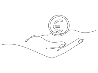 Obraz premium Hand holding coin continuous one line drawing art. Euro linear symbol. Savings money concept. Vector isolated on white.