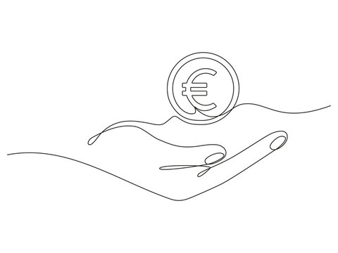 Hand holding coin continuous one line drawing art. Euro linear symbol. Savings money concept. Vector isolated on white.