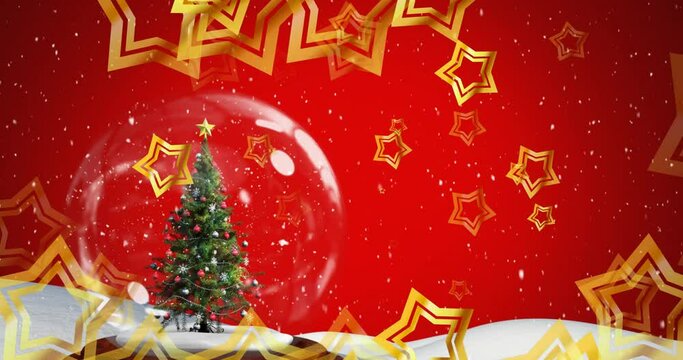 Animation of falling golden stars and christmas snowing globe over red background