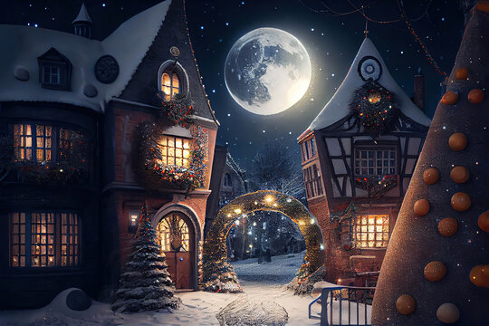 Wonderful magical little town decorated for Christmas with lights and the full moon, winter landscape, AI generated image