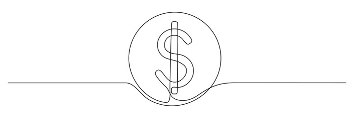 Coin continuous one line drawing art. Money dollar linear symbol. Vector isolated on white.