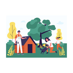 Carpenter making doghouse for domestic animal outside. Mother playing with dog, daughter with bone, man with hammer and nail flat vector illustration. Pets concept for banner