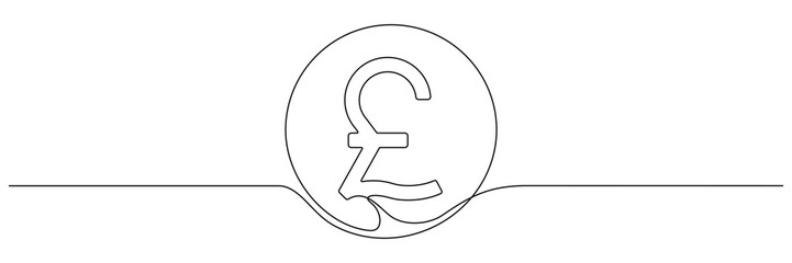 Sterling pound coin continuous one line. British money linear symbol. Vector isolated on white.