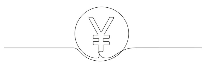 Yen coin continuous one line drawn. Japanese money linear symbol. Vector isolated on white.